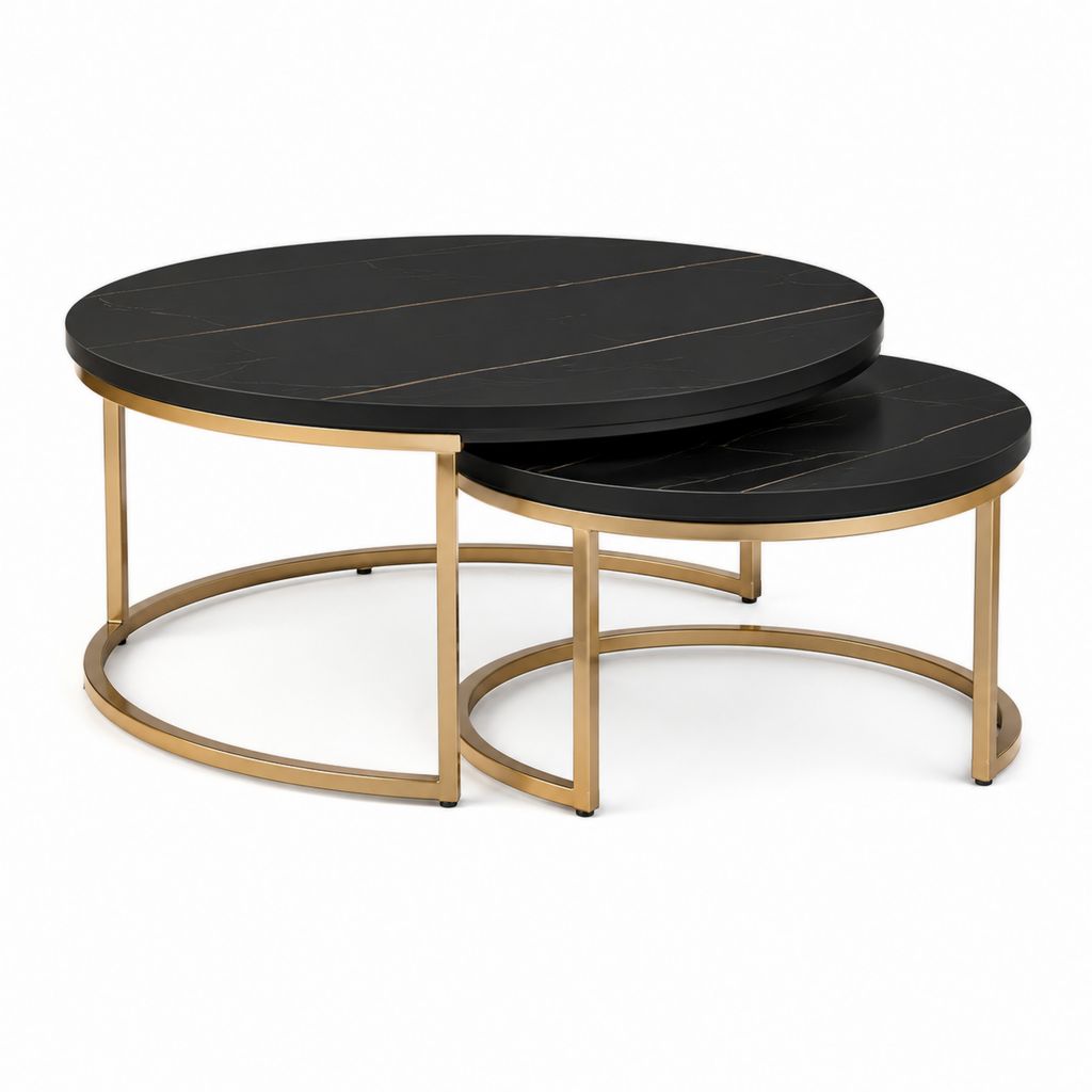 Set di 2 tavolini da caffè rotondi neri in pietra sinterizzata con struttura dorata 80 x 45 cm e 60 x 35 cm