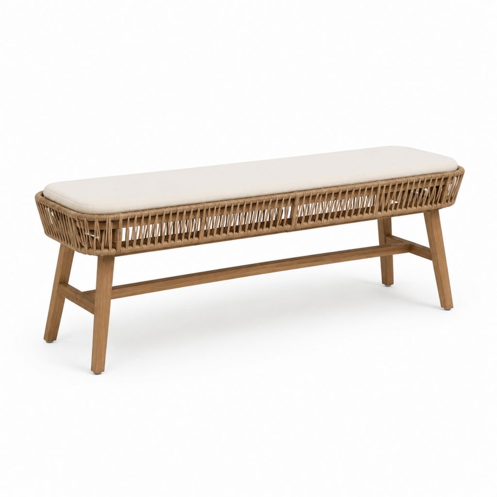 Panca da giardino in legno massello e rattan sintetico beige con cuscino 120 x 40 x 45 cm