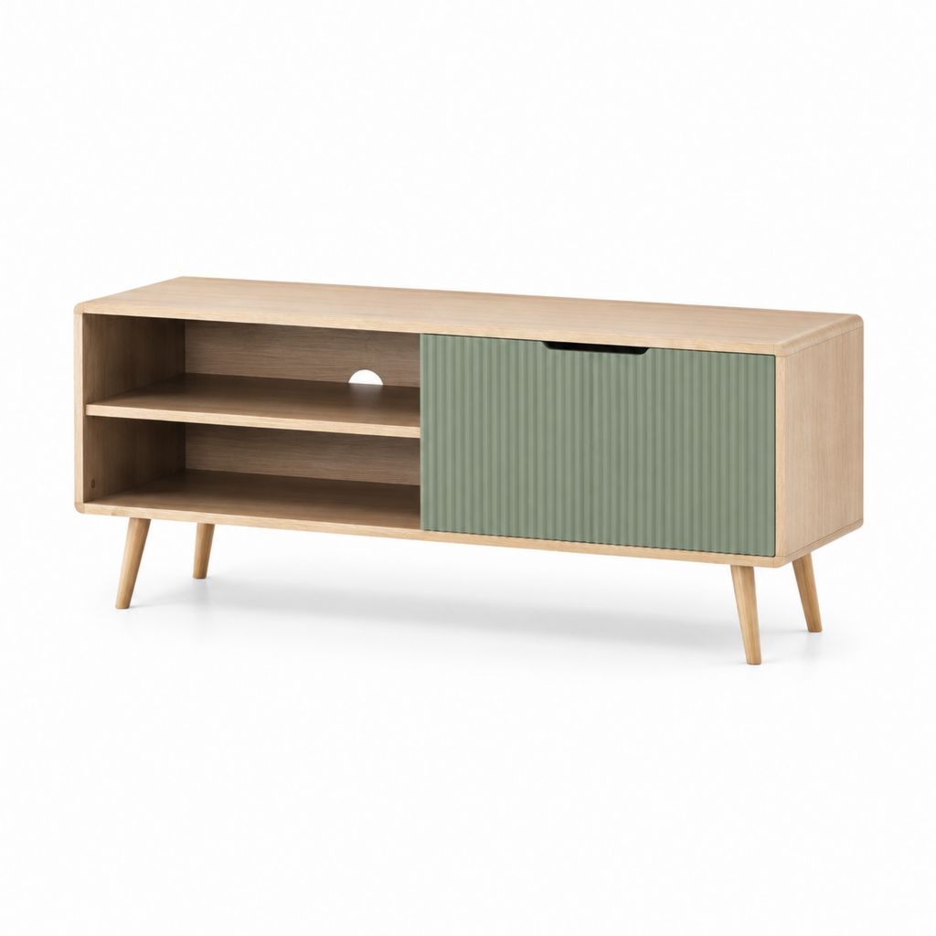 Mobile TV rettangolare rovere chiaro e verde salvia in MDF 120 x 40 x 60 cm con anta scorrevole e passacavi