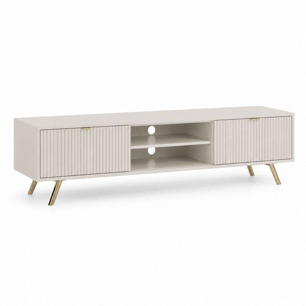 Mobile TV bianco in MDF con ante scanalate e gambe dorate 180 x 40 x 55 cm