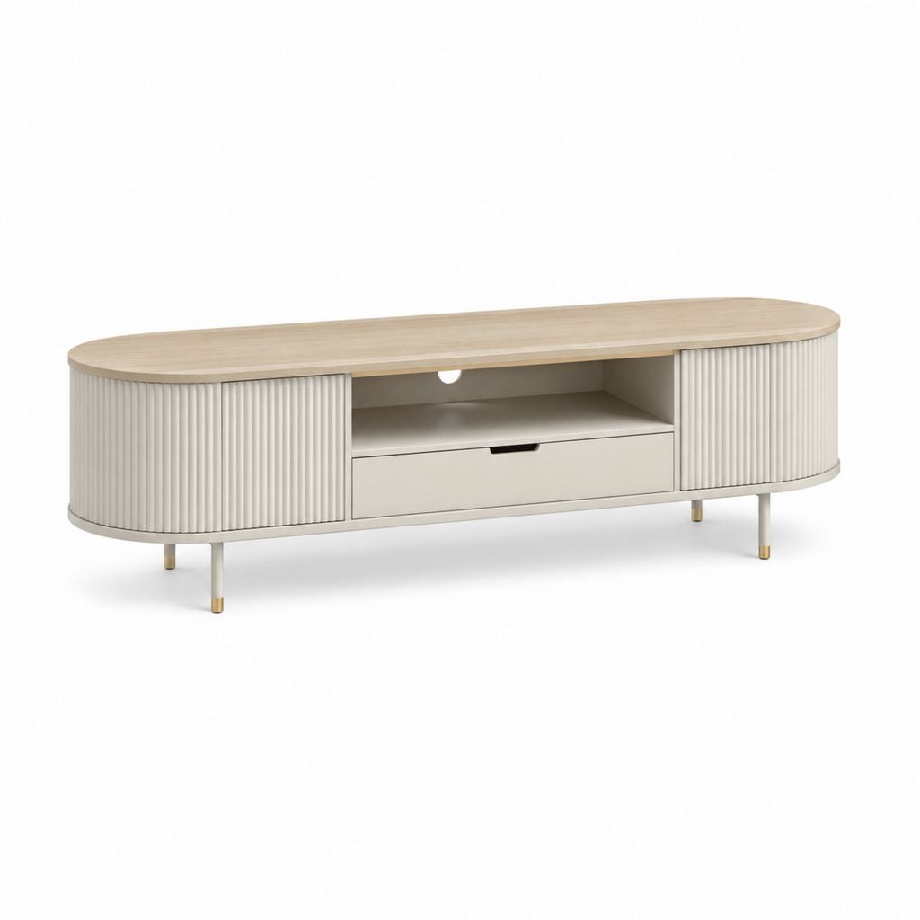 Mobile TV ovale beige e rovere in MDF con ante scanalate 180 x 40 x 55 cm