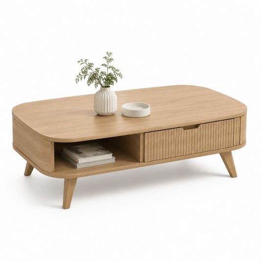 Tavolino da caffè rettangolare rovere chiaro in MDF impiallacciato con 2 cassetti e vano aperto 110 x 60 x 45 cm