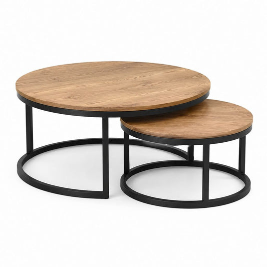 Set 2 tavolini da caffè rotondi marrone rovere e nero in MDF e acciaio Ø80x45 cm e Ø60x35 cm
