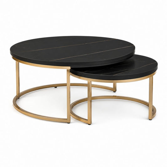 Set di 2 tavolini da caffè rotondi neri in pietra sinterizzata con struttura dorata 80 x 45 cm e 60 x 35 cm