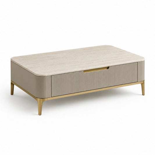 Tavolino da caffè rettangolare beige e oro in MDF e acciaio 100 x 60 x 40 cm con cassetto