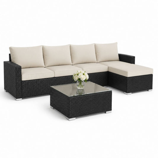 Set divani da giardino angolare con tavolino nero e beige in rattan PE con cuscini 200 x 130 x 73 cm
