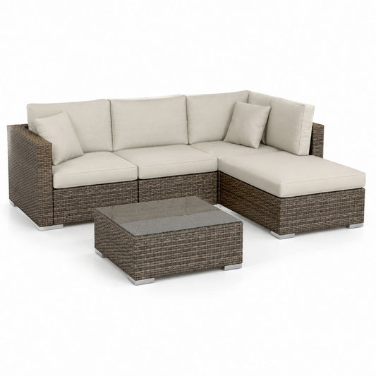 Set divano da giardino angolare marrone in rattan PE con cuscini beige e tavolino 220 x 150 x 65 cm