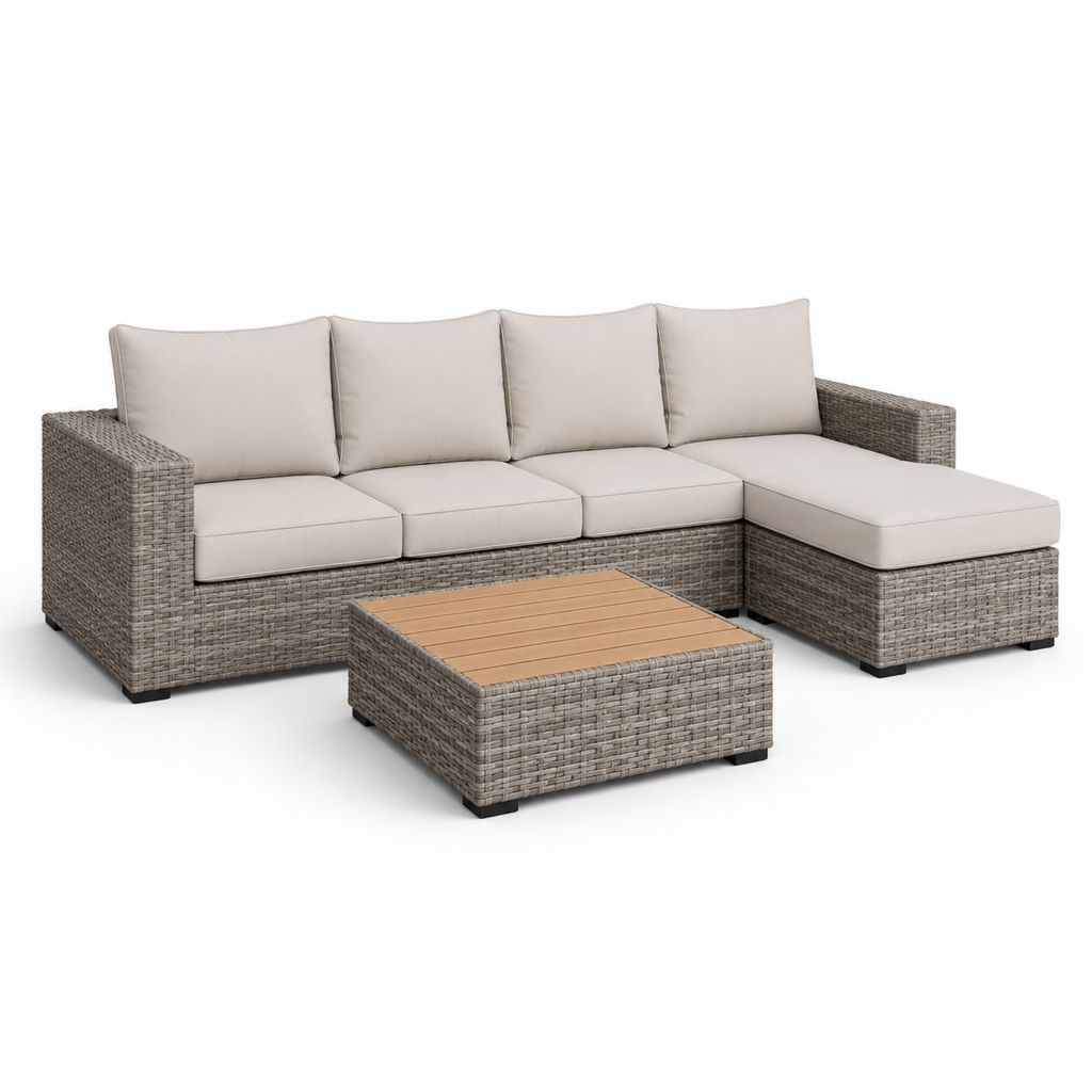 Set divano angolare da giardino 4 posti grigio in polyrattan con cuscini beige e tavolino 250 x 160 cm