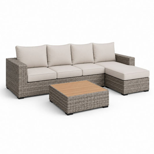 Set divano angolare da giardino 4 posti grigio in polyrattan con cuscini beige e tavolino 250 x 160 cm