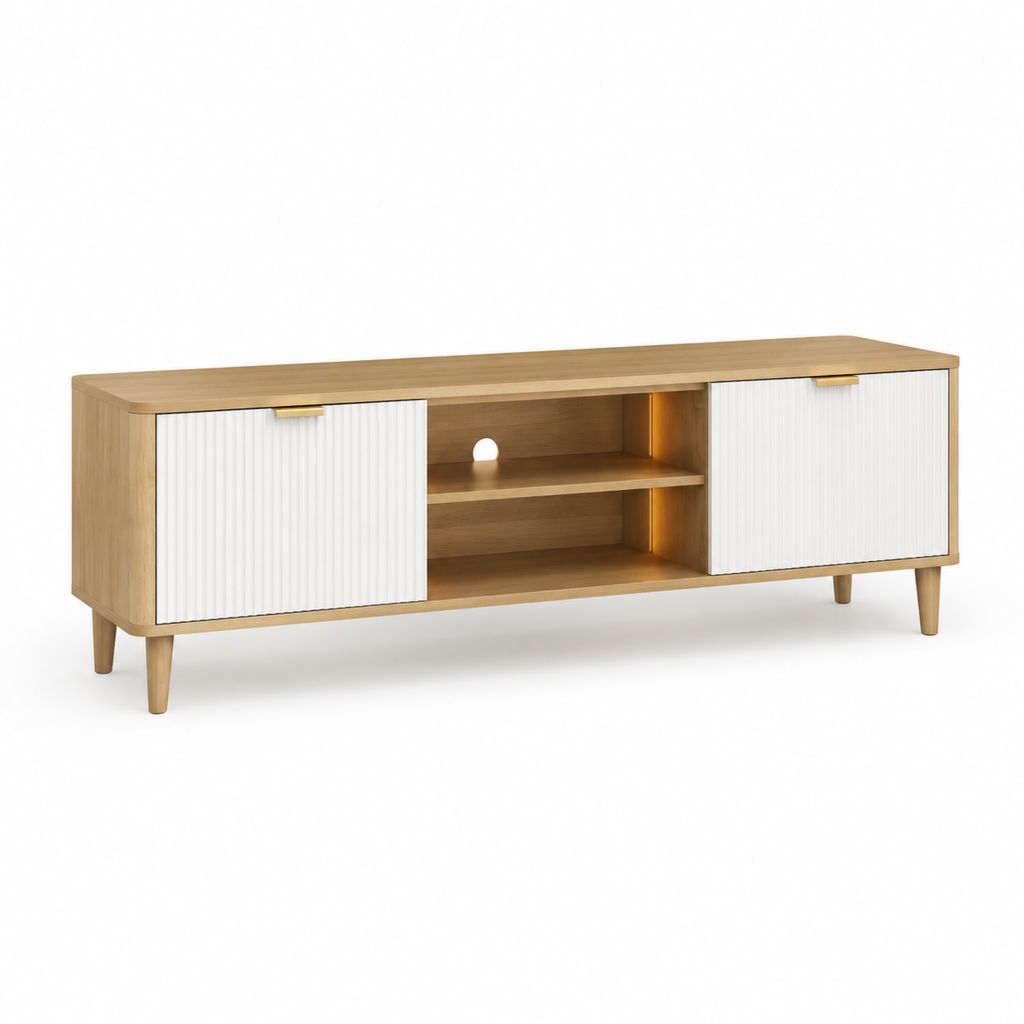 Mobile TV rettangolare rovere e bianco in MDF con ante scorrevoli e LED 160 x 40 x 60 cm