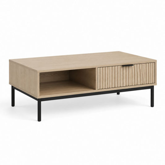 Tavolino da caffè rettangolare rovere chiaro in MDF con anta scorrevole e gambe in acciaio 100 x 60 x 45 cm