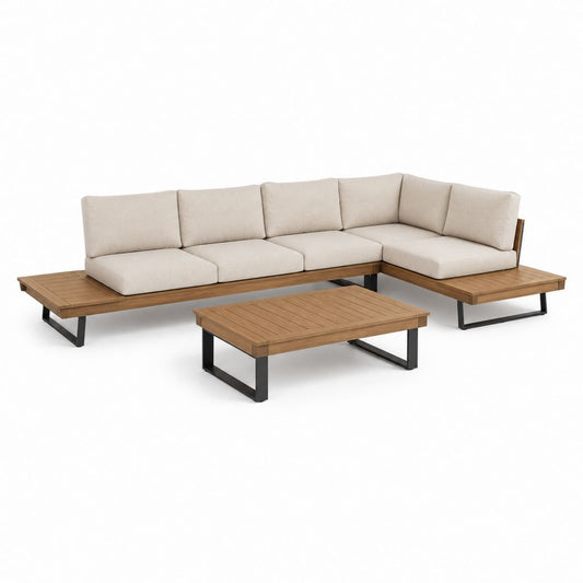 Set divano angolare da giardino con tavolino beige in legno massello di acacia e acciaio 280 x 210 x 75 cm