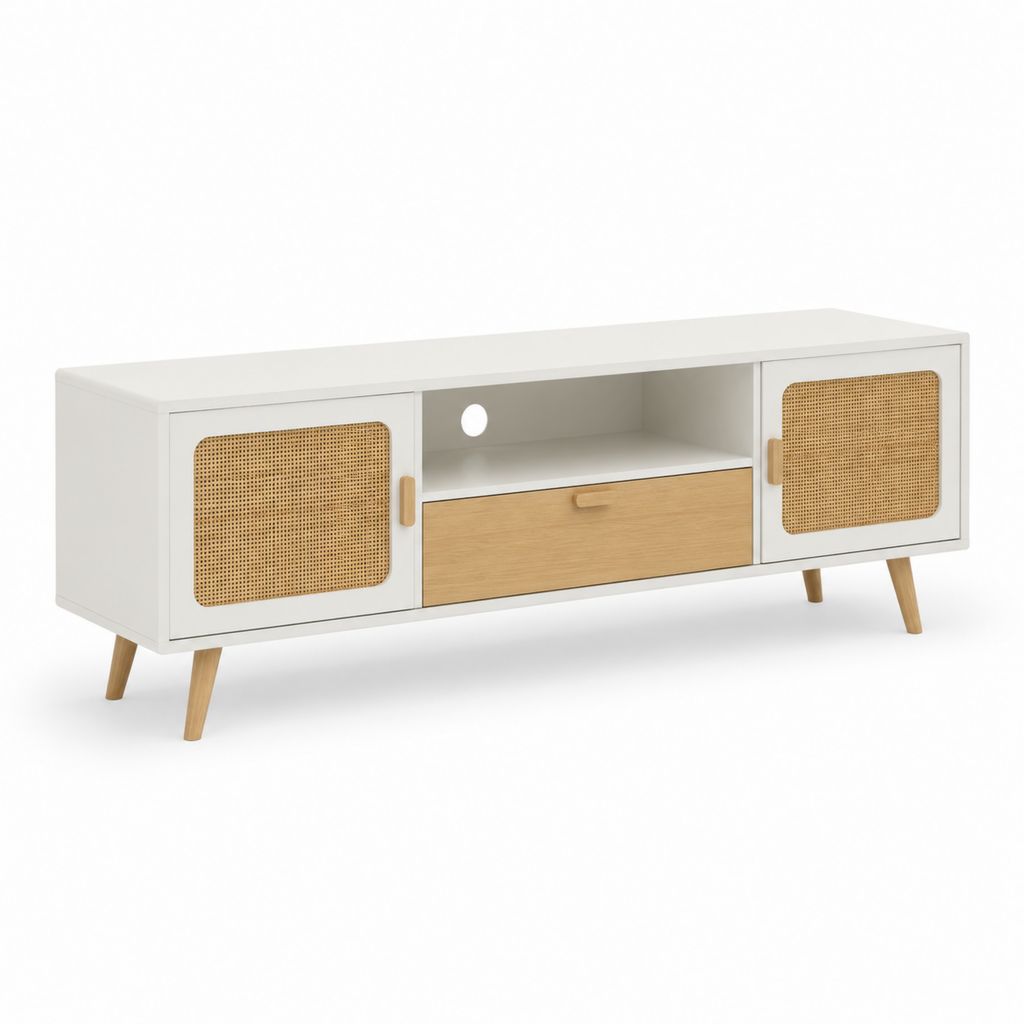 Mobile TV rettangolare bianco in MDF e rattan 140 x 40 x 60 cm