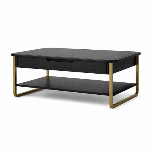 Tavolino da caffè rettangolare nero in MDF e acciaio 100 x 50 x 45 cm con cassetto e ripiano