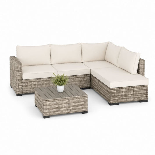 Set divano angolare da giardino 4 pezzi beige in rattan PE con cuscini e tavolino 220 x 150 x 65 cm