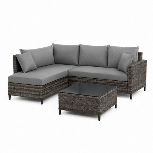 Set divano da giardino angolare 3 posti grigio in rattan PE con tavolino 200 x 140 x 65 cm