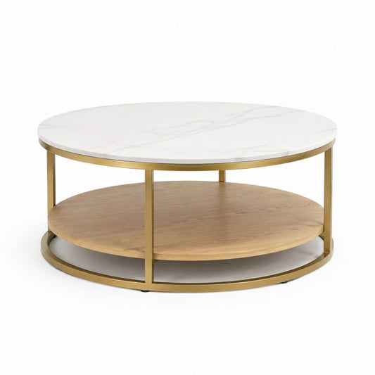 Tavolino da caffè rotondo bianco effetto marmo con ripiano in rovere e struttura in acciaio dorato Ø80 x 45 cm