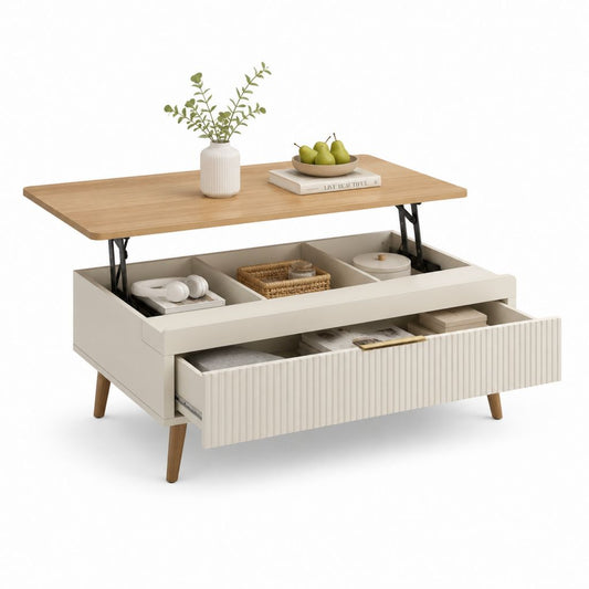 Tavolino da caffè contenitore con piano sollevabile beige e rovere in MDF rettangolare 100 x 50 x 45 cm