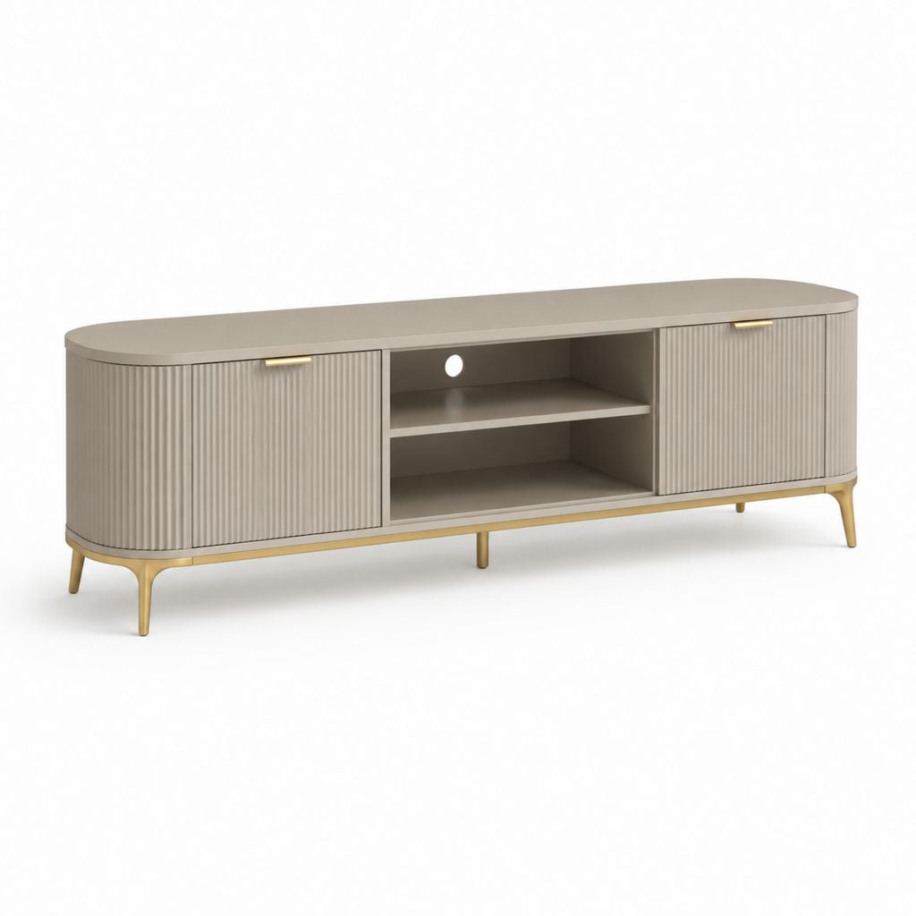 Mobile TV in MDF tortora con ante scanalate e gambe in acciaio dorato 180 x 40 x 55 cm