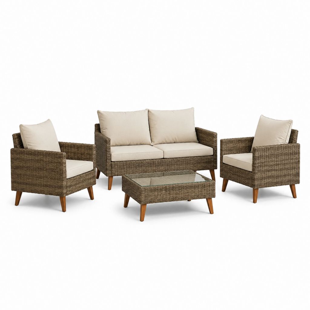Salotto da giardino 4 pezzi marrone e beige in rattan PE con tavolino in vetro 5 mm