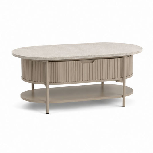 Tavolino da caffè ovale beige in MDF e acciaio con cassetto e ripiano 100 x 50 x 45 cm