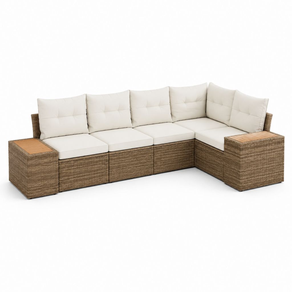 Divano da giardino angolare modulare 5 posti marrone in rattan PE con cuscini crema 280 x 220 x 85 cm