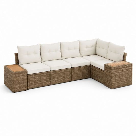 Divano da giardino angolare modulare 5 posti marrone in rattan PE con cuscini crema 280 x 220 x 85 cm