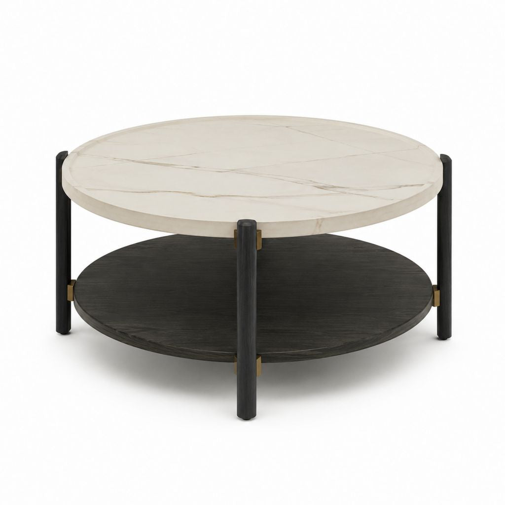Tavolino da caffè rotondo bianco e nero con ripiano in pietra sinterizzata Ø80 x 45 cm