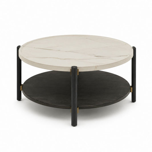 Tavolino da caffè rotondo bianco e nero con ripiano in pietra sinterizzata Ø80 x 45 cm