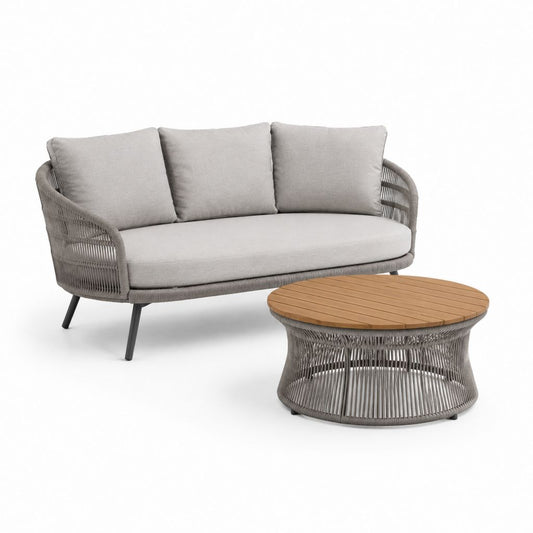 Set divano da giardino 2 posti con tavolino rotondo grigio e naturale in alluminio corda PP e acacia 165 x 75 x 75 cm
