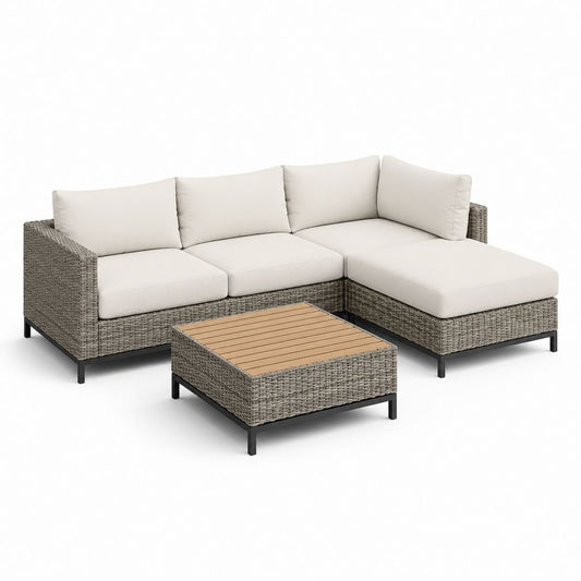 Set divano da giardino angolare grigio in rattan PE con cuscini e tavolino 220 x 150 x 65 cm
