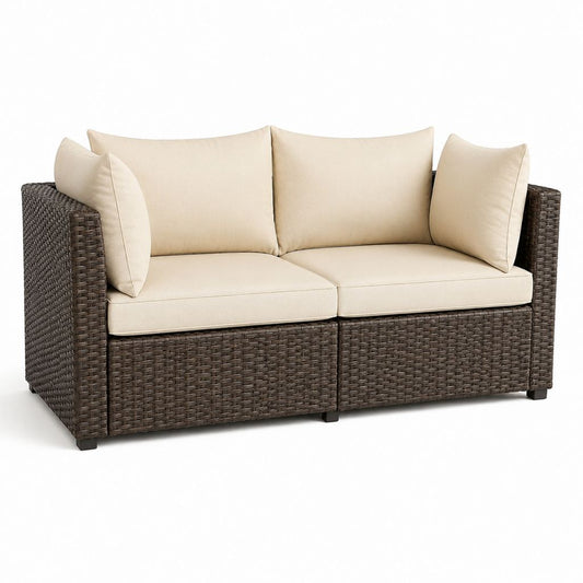 Divano da giardino 2 posti marrone in rattan PE con cuscini beige 152 x 78 x 85 cm