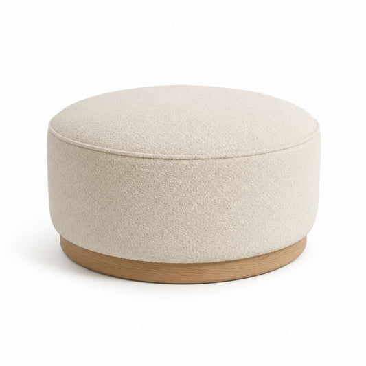 Pouf poggiapiedi rotondo beige in poliestere bouclé con base in MDF impiallacciato rovere Ø80 x H40 cm