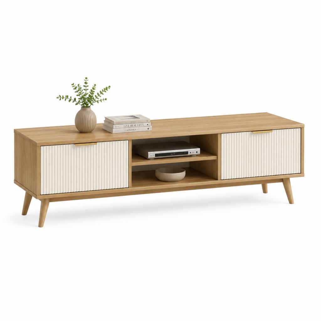 Mobile TV rettangolare rovere e bianco in truciolare con 2 ante scorrevoli 160 x 40 x 55 cm