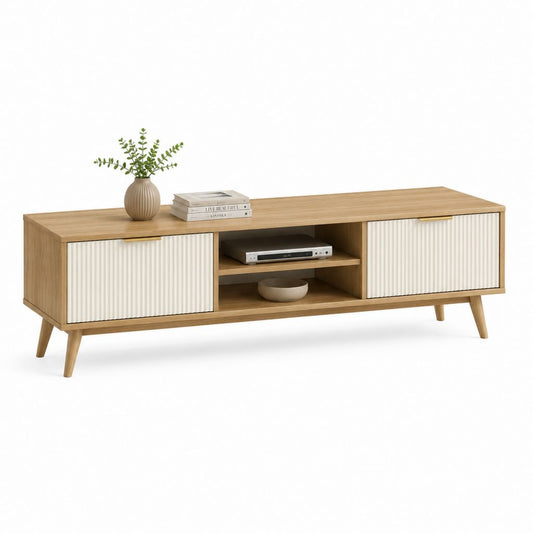 Mobile TV rettangolare rovere e bianco in truciolare con 2 ante scorrevoli 160 x 40 x 55 cm