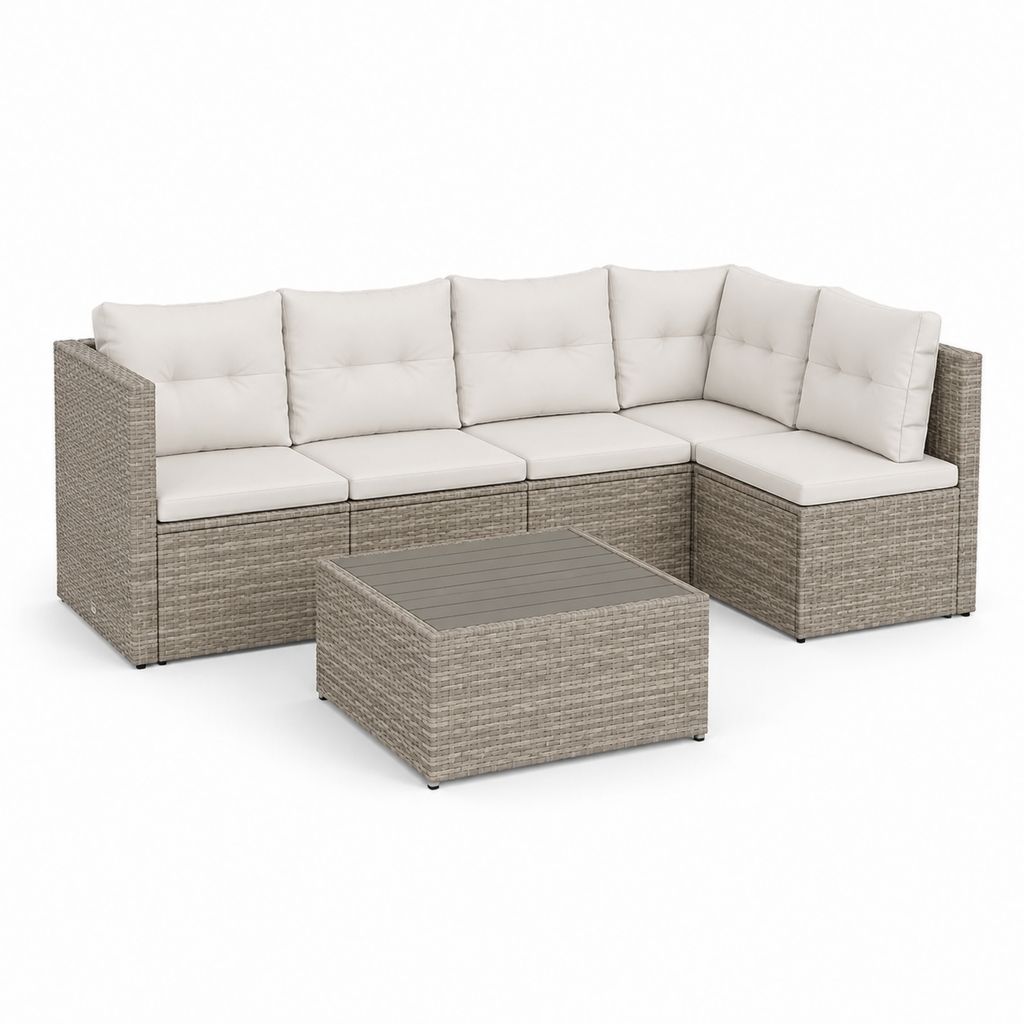 Set divano da giardino angolare 5 pezzi grigio tortora in polyrattan PE con cuscini 218 x 154 x 73 cm