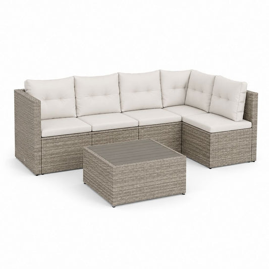 Set divano da giardino angolare 5 pezzi grigio tortora in polyrattan PE con cuscini 218 x 154 x 73 cm
