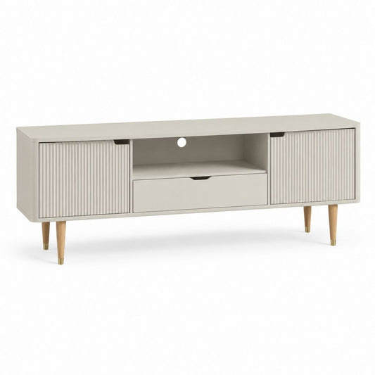 Mobile porta TV beige in MDF con ante scanalate e gambe in legno massello 160 x 40 x 65 cm